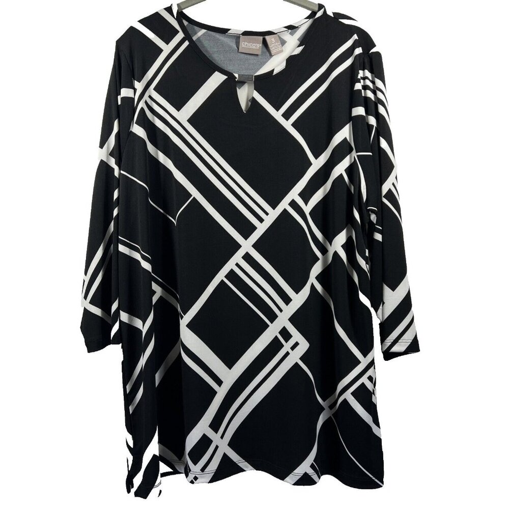 Chicos Women's Top Size XL Black White‎ Abstract 3/4 Sleeve Silver Bar Pullover